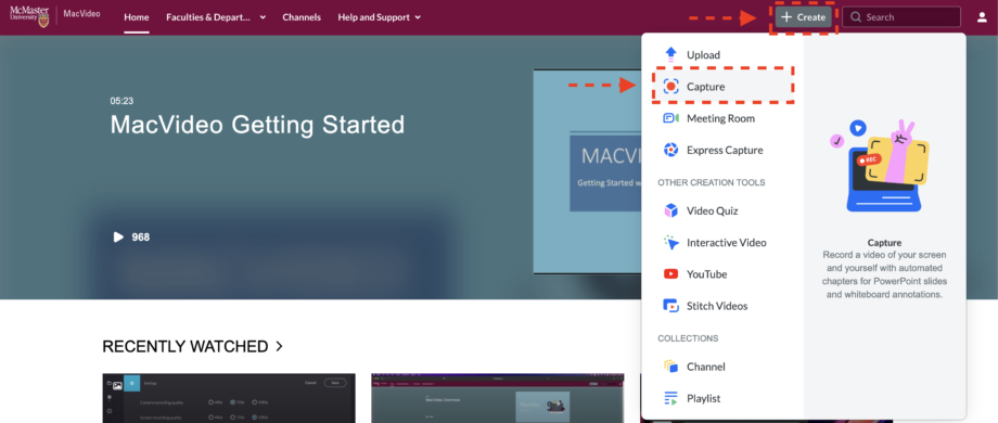showing the create and capture menu